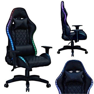 Геймерское компьютерное кресло с RGB-подсветкой, 2 эргономичными подушками и регулировкой угла наклона спинки, Черный